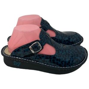 Alegria Black and Blue Leopard Print Mules